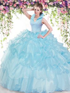 Top Selling Baby Blue High-neck Backless Beading and Ruffled Layers 15 Quinceanera Dress Sleeveless