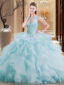 Scoop Light Blue Quinceanera Gowns Tulle Brush Train Sleeveless Beading and Ruffles