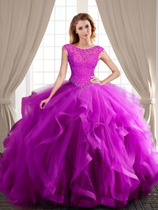 Most Popular Fuchsia Quinceanera Gowns Military Ball and Sweet 16 and Quinceanera and For with Beading and Appliques and Ruffles Scoop Cap Sleeves Brush Train Lace Up