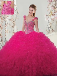 High End Hot Pink Quinceanera Gown Military Ball and Sweet 16 and Quinceanera and For with Beading and Ruffles and Hand Made Flower Straps Sleeveless Lace Up