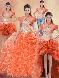 High Quality Four Piece Straps Orange Red Sleeveless With Train Beading and Ruffles Lace Up Quinceanera Gowns