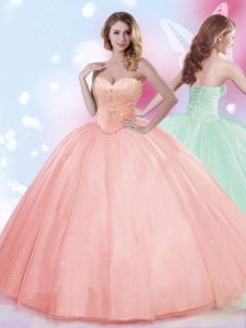 Sleeveless Tulle Floor Length Lace Up Sweet 16 Dress in Watermelon Red with Beading