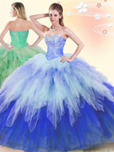 Discount Multi-color Ball Gowns Sweetheart Sleeveless Tulle Floor Length Lace Up Beading and Ruffles Sweet 16 Dress