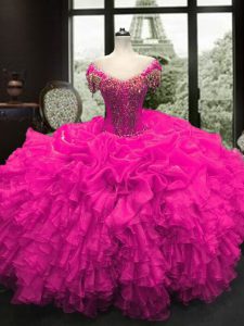 Stylish Cap Sleeves Floor Length Beading and Ruffles Lace Up Quinceanera Gowns with Fuchsia