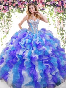 Sweetheart Sleeveless Organza Ball Gown Prom Dress Beading and Ruffles Lace Up