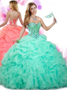 Apple Green Ball Gowns Organza Sweetheart Sleeveless Beading and Ruffles and Pick Ups Floor Length Lace Up 15th Birthday Dress