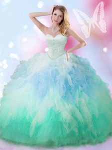 Inexpensive Multi-color Ball Gowns Beading and Ruffles Vestidos de Quinceanera Lace Up Tulle Sleeveless Floor Length