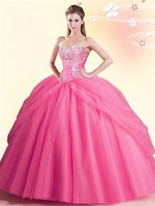 Watermelon Red Tulle Lace Up Ball Gown Prom Dress Sleeveless Floor Length Beading