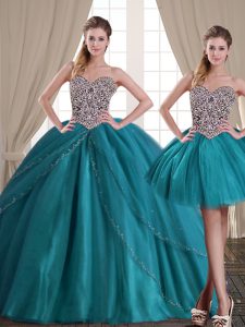 Custom Fit Three Piece Sleeveless Tulle With Brush Train Lace Up Sweet 16 Quinceanera Dress in Teal with Beading