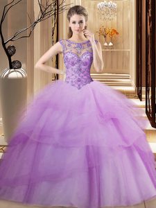Scoop Sleeveless Brush Train Lace Up Beading and Ruffled Layers Ball Gown Prom Dress