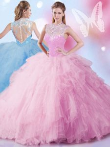 Free and Easy Baby Pink Zipper High-neck Beading and Ruffles and Sequins Sweet 16 Dress Tulle Sleeveless