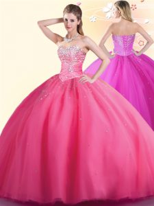 Hot Pink Sleeveless Beading Floor Length Ball Gown Prom Dress