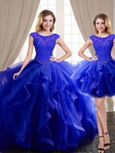 Affordable Three Piece Royal Blue Scoop Neckline Beading and Appliques and Ruffles Sweet 16 Dresses Cap Sleeves Lace Up
