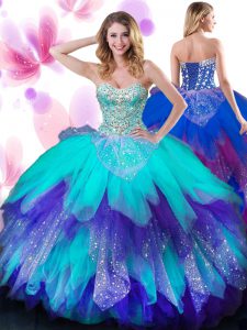 Fabulous Multi-color Ball Gowns Sweetheart Sleeveless Tulle Floor Length Lace Up Beading and Ruffles Quince Ball Gowns