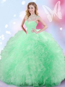 Glittering Apple Green Tulle Zipper High-neck Sleeveless Floor Length Ball Gown Prom Dress Beading and Ruffles and Sequins