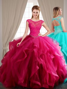 Custom Designed Scoop Hot Pink Lace Up Ball Gown Prom Dress Beading and Appliques and Ruffles Cap Sleeves With Brush Train