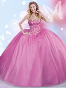Popular Lilac Tulle Lace Up Quinceanera Gowns Sleeveless Floor Length Beading