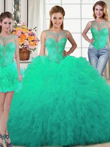 Three Piece Turquoise Scoop Lace Up Beading and Ruffles 15th Birthday Dress Sleeveless
