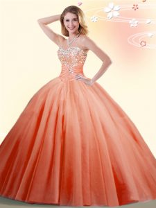Orange Red Sleeveless Tulle Lace Up Quinceanera Gowns for Military Ball and Sweet 16 and Quinceanera
