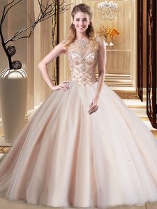 Custom Fit Peach Lace Up Scoop Beading Quinceanera Dress Tulle Sleeveless Brush Train