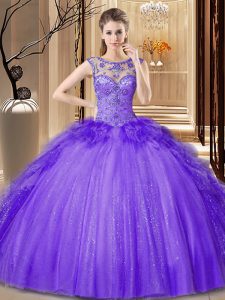 Low Price Scoop Sleeveless Floor Length Sequins Lace Up 15 Quinceanera Dress with Purple