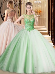 Best Selling Scoop Apple Green Sleeveless Brush Train Beading Quinceanera Gown