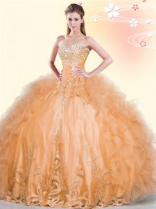 Orange Sweetheart Lace Up Beading and Appliques and Ruffles Quinceanera Gown Sleeveless