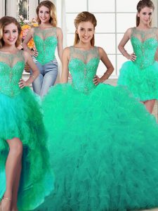 Four Piece Scoop Sleeveless Floor Length Beading and Ruffles Lace Up Sweet 16 Dress with Turquoise