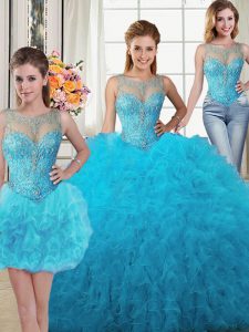 Beauteous Three Piece Tulle Scoop Sleeveless Lace Up Beading and Ruffles Sweet 16 Dresses in Baby Blue