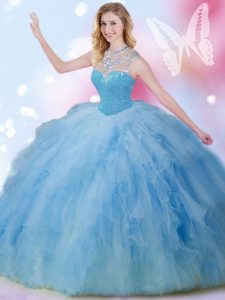 Best Selling Blue Sleeveless Floor Length Beading and Ruffles and Sequins Zipper 15 Quinceanera Dress
