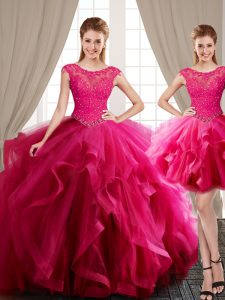 Free and Easy Three Piece Scoop Cap Sleeves Brush Train Beading and Appliques and Ruffles Lace Up Sweet 16 Quinceanera Dress