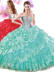 Pick Ups Ruffled Ball Gowns 15 Quinceanera Dress Turquoise Sweetheart Organza and Taffeta Sleeveless Floor Length Lace Up