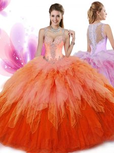 Flare Multi-color Tulle Zipper 15 Quinceanera Dress Sleeveless Floor Length Beading and Ruffles