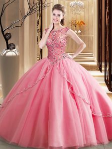 Scoop Ball Gowns Sleeveless Watermelon Red Quinceanera Dress Brush Train Lace Up