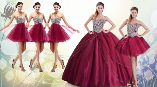Burgundy Quinceanera Gown Military Ball and Sweet 16 and Quinceanera and For with Beading Sweetheart Sleeveless Brush Train Lace Up