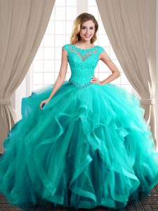 Flirting Scoop Cap Sleeves With Train Lace Up Quinceanera Dress Turquoise for Military Ball and Sweet 16 and Quinceanera with Beading and Appliques and Ruffles Brush Train