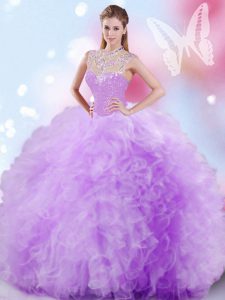 Lavender Quinceanera Gown Military Ball and Sweet 16 and Quinceanera and For with Beading and Ruffles and Sequins High-neck Sleeveless Zipper