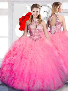 Hot Pink Halter Top Neckline Beading and Ruffles Quinceanera Gown Sleeveless Lace Up