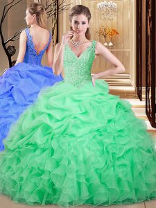 Apple Green Ball Gowns Organza V-neck Sleeveless Lace and Appliques and Pick Ups Floor Length Backless 15th Birthday Dress