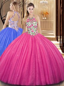 Adorable Tulle Scoop Sleeveless Backless Embroidery and Sequins Sweet 16 Dresses in Hot Pink