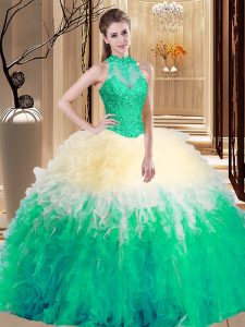 Custom Designed Multi-color High-neck Backless Lace and Appliques and Ruffles Quinceanera Dresses Sleeveless