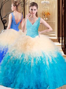 Sleeveless Tulle Floor Length Zipper Quinceanera Dresses in Multi-color with Appliques and Ruffles