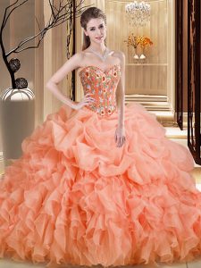 Orange Lace Up Sweetheart Beading and Embroidery and Ruffles Ball Gown Prom Dress Organza Sleeveless Brush Train