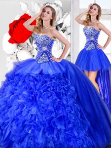 Nice Three Piece Ball Gowns Sweet 16 Quinceanera Dress Blue Sweetheart Organza Sleeveless Floor Length Lace Up