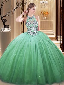 Luxury Floor Length Lace Up Quinceanera Dresses Green for Military Ball and Sweet 16 and Quinceanera with Lace and Appliques