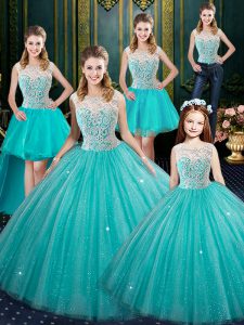 Adorable Sleeveless Floor Length Lace Lace Up Sweet 16 Dress with Aqua Blue