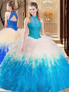Classical High-neck Sleeveless Backless Quince Ball Gowns Multi-color Tulle