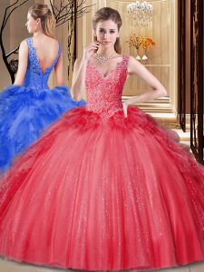 Red Tulle and Sequined Backless Ball Gown Prom Dress Sleeveless Floor Length Appliques and Sequins and Pick Ups