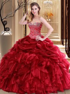 Pick Ups Floor Length Red Quince Ball Gowns Sweetheart Sleeveless Lace Up