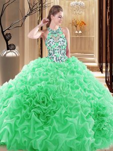 Eye-catching Sleeveless Organza Brush Train Backless Quinceanera Dresses in with Embroidery and Ruffles